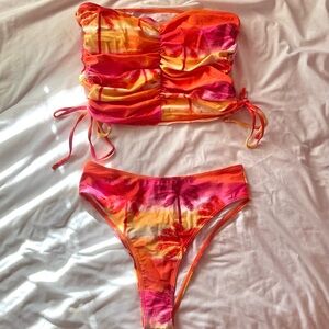 Bea Ruched Bandeau Tankini 2 Piece Bikini - Orange/combo (size medium)